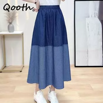 Qooth женская винтажная джинсовая юбка средней длины с цветными блоками элегантная трапециевидная юбка с эластичной резинкой на талии на осень QT2207 One Size светло-синий