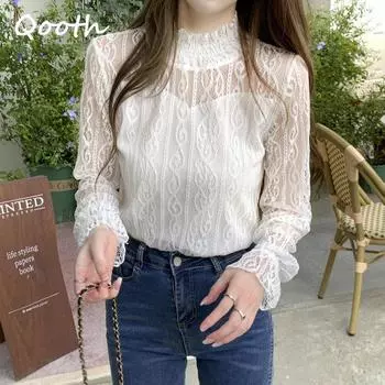 Qooth женские элегантные кружевные рубашки с высоким воротом и двойными рукавами, винтажная черно-белая сетчатая рубашка с длинным рукавом QT1994 M белый