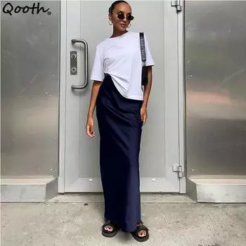 Qooth женские весенне-летние однотонные модные тонкие юбки-трубы с высокой талией, элегантные офисные длинные юбки QT2358 S чёрный