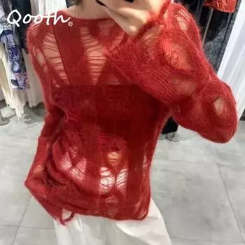 Qooth женский индивидуальный полый пуловер, верхние свитера, летние сексуальные пляжные универсальные кружевные топы с длинными рукавами QT2318 красный