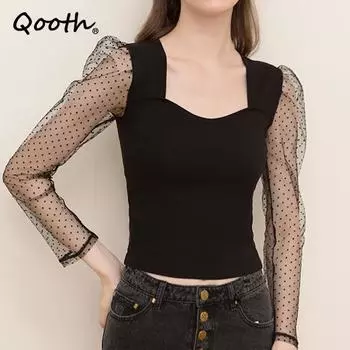 Qooth женский кружевной топ с квадратным вырезом и объемными рукавами, повседневная модная элегантная тонкая сетчатая рубашка на весну и лето QT2074 S чёрный