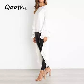 Qooth женский пуловер с длинными рукавами большого размера, нерегулярная шифоновая блузка, осень-зима, элегантная свободная длинная рубашка с рукавами-фонариками QT1950 S белый