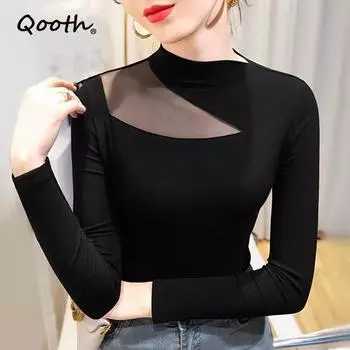 Qooth женский весенне-осенний вырез с вырезом тонкий топ пикантная элегантная рубашка с длинным рукавом с нерегулярным дном QT1995 M чёрный