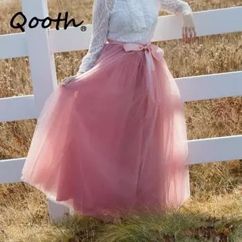 Qooth женское 7 слоев 100 см праздничное тюлевое бальное платье юбка банкетная свадьба Faldas Mujer эластичный пояс с галстуком-бабочкой пояс юбка-пачка QT2178 One Size вино красного