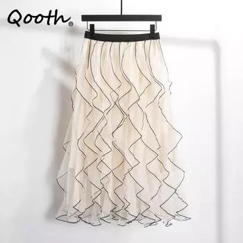 Qooth женское сказочное тюлевое марлевое бальное платье, элегантная сетчатая юбка миди с эластичной резинкой на талии на осень QT2208 One Size чёрный