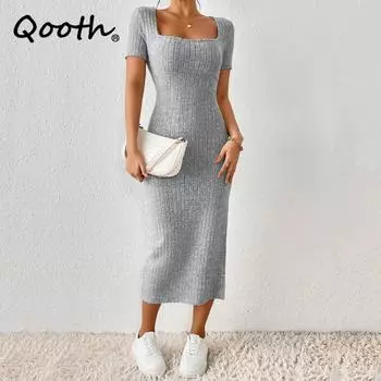 Qooth женское тонкое трикотажное облегающее платье, элегантный пуловер, длинные платья с разрезом QT2277 S бежевый