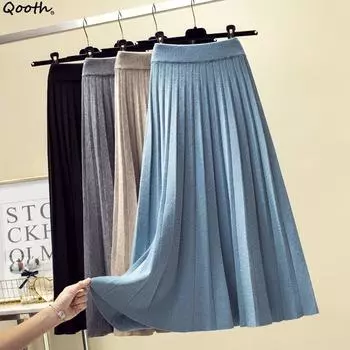 Qooth Winter Юбка трикотажная с высокой талией, женская длинная шерстяная утолщенная юбка А-силуэта с широкими складками в стиле колледжа QT2451 белый