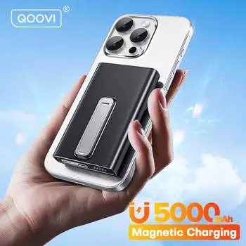 QOOVI Magsafe Powerbank 5000 мАч PD20W Быстрая зарядка Мини Внешний аккумулятор Портативное зарядное устройство для iPhone 15 14 Pro Max X Samsung Xiaomi 5000mAh чёрный