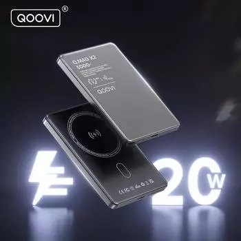QOOVI Power Bank Беспроводная быстрая зарядка PD20W Ультратонкий внешний аккумулятор Портативное зарядное устройство для Magsafe Для iPhone 16 15 14 13 12 5000mah серый