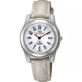 QQ [QQ] Аналоговые радиоволновые солнечные водонепроницаемые часы с кожаным ремешком HJ03 314 женские бежевые