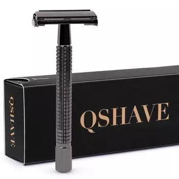 QShave, длинная ручка, открытая классическая безопасная бритва-бабочка, безопасная бритва с двойным лезвием, черный цвет