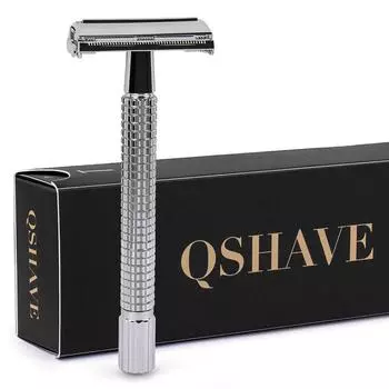 Qshave Double Edge Безопасная бритва с длинной ручкой Butterfly Open Классическая безопасная бритва серебристого цвета, 1 ручка и 5 лезвий серебряный