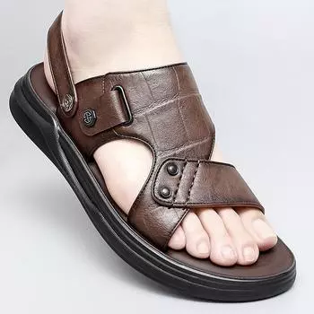 Quality Men s Leather Sandals Slip-on Summer Waterproof Slippers Open Toe Casual Outdoor Walking Shoes Solid Color Beach Sandals 38 чёрный