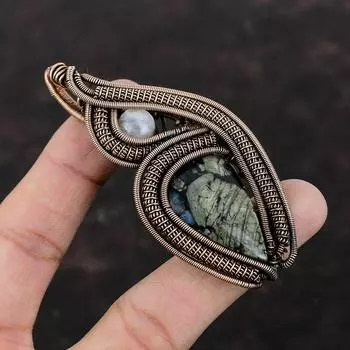 Кулон Que Sera, кулон с радужным лунным камнем, кулон с медной проволокой, кулон с драгоценным камнем ручной работы, медные украшения для подарка, украшения с проволочной обмоткой