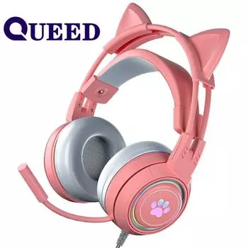 QUEED Cat Ears Light Up Игровой ПК Гарнитура Проводная гарнитура Игровая гарнитура