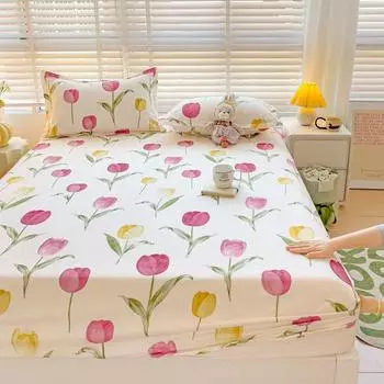 Queen Bed Sheets Set Tulips Printed Drap De Lit Floral Flower Style Fitted Sheet With Elastic Band Single Bed Linen For King Bed Twin120x200x25cm 1pc