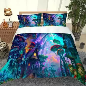 Комплект постельного белья Queen, 3D пододеяльник в виде растения и гриба, комплект из трех предметов, полный размер, для девочек и мальчиков, декор спальни W90xL190cm