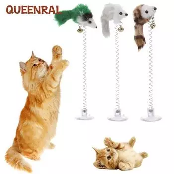 Queenral Креативная забавная поддельная мышь, эластичная перьевая игрушка для кошек на присосках для домашних животных