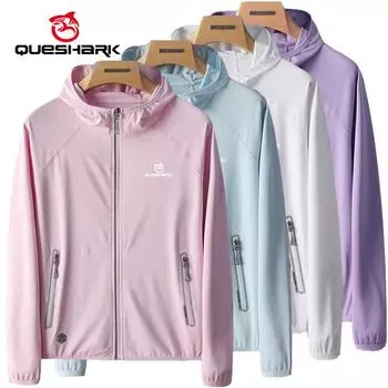 Queshark светоотражающая женская солнцезащитная одежда для бега, беговая куртка, быстросохнущая ветровка с карманами, UPF50 +, спортивная одежда для путешествий, кемпинга, пешего туризма M белый