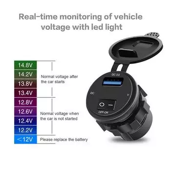 Quick Charge 3.0 18W Car USB Charger QC3.0 Waterproof with Voltmeter ON-OFF Switch for 12V/24V Motorcycle ATV Boat Marine