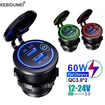 Quick Charge 3.0 Dual Usb Fast Car Charger Waterproof 12v/24v Qc3.0 Power Outlet With Touch Switch&led Light синий