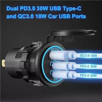 Quick Charger QC3.0 +PD Car Charger Socket 78W Double USB Port Type C Three Ports Power Adapter With Switch Universal Waterproof синий