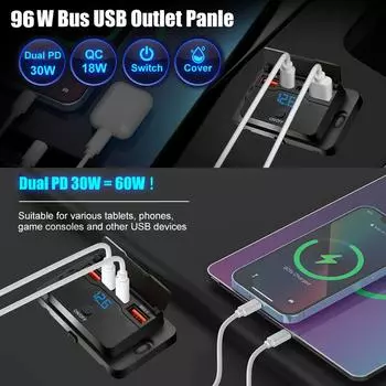 Quick Phone Charger Socket PD+QC3.0 Outlet Panel with On/off Switch Power Adapter Waterproof 12V-24V For Car Truck RV
