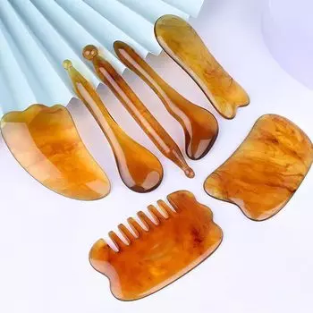 QuickYen Kassa Plate Set of 7 Kassa Plate Facial Stick Press Point Stick Facial Kassa Plate Kassa Scalp Massage Comb Natural Jushi Facelift Small коричневый