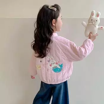 Quilted Cotton Autumn and Winter Fleece-lined Little Girl Cartoon Coat Pink 120cm