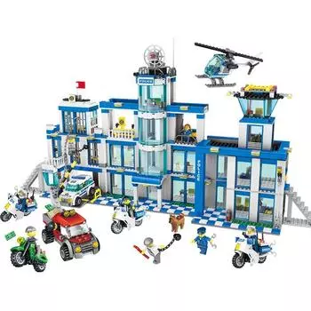 Qunlong 0200 Городской полицейский участок Штаб-квартира Строительные блоки Машина Вертолет Мотоцикл Кирпичи Игрушки для детей Мальчики Рождественские подарки