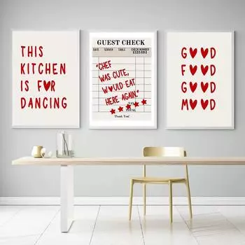 Цитаты Красный гостевой чек Хорошая еда Хорошее настроение Плакат Картина на холсте Эта кухня для танцев Настенная картина Декор для спальни 21x30cm No Framed