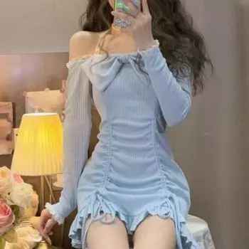 QWEEK облегающее сексуальное платье с запахом для женщин корейский стиль дизайн Kawaii оборками короткие платья в стиле Лолиты кружевной халат женский осень 2022 г. S синий