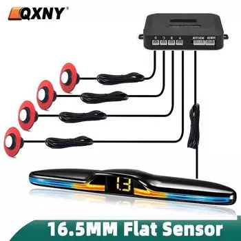 QXNY 4 Parking Sensors Kit Flat 16.5mm Parktronic Reversing Backup Radar Recoil Auto Detector Assistance Buzzer Automobile