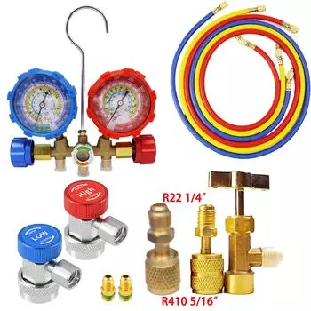 R22 R134a R502 Комплект манометров для коллектора HVAC A/C Заправка холодильного оборудования со шлангами Регулируемые муфты Адаптер Can Tap 5/16