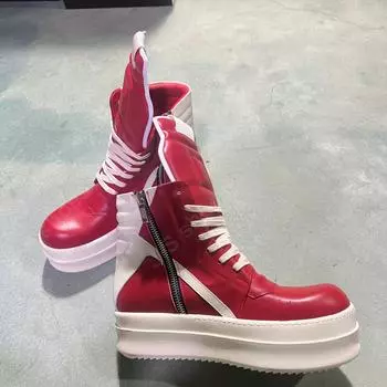 R-o Classic Men Shoe Women Sneaker Red Leather Ankle Boot High Top Casual Shoes Zipper Lace Up 6cm Thick Sole Sneakers Boots 35