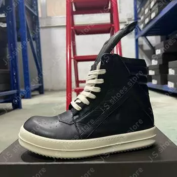 R-o Classic Sneakers Black Leather High Top Shoe Men Sneaker Zipper Cowhide Women Casual Shoes Lace Up Boot Geobasket Ankle Boot 34