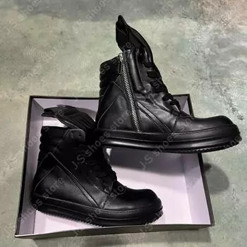R-o Classic Sneakers Black Leather High Top Shoe Black Boot Cowhide Men Sneaker Zipper Women Casual Shoes Lace Up Ankle Boots 34