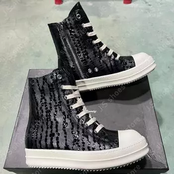 R-o Design Black Leather High Top Shoe Luxury Men Shoes Women Casual Sneaker Ankle Boot Zipper Square Water Drop Style Sneakers 34