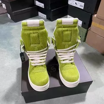 R-o Design Men Shoe Women Sneaker High Top Shoes Green Horse Hair Ankle Boots Grass Green Horsehair Zipper Outdoor Flat Boot 34