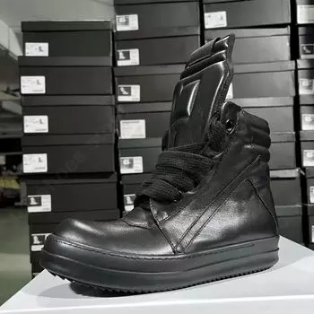 R-o Designer Men Shoe Full Black Leather Ankle Boot Sneaker High Top Casual Shoes Jumbo Laces Zipper Women Boots Flat Sneakers 34