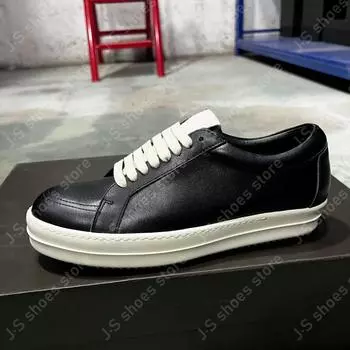 R-o Fashion Versatile Black Leather Low Top Shoe Men Sneaker Black Cowhide Women Casual Shoes Lace Up Geobasket Flat Sneakers 34