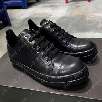 R-o Genious Classic Men Shoe Full Black Leather Low Top Shoes Women Casual Sneaker Lace Up Flat Sneakers 34