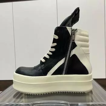 R-o Luxury Designer Men Shoe Women Sneaker Ankle Boot High Top Casual Shoes Black Leather Zipper 6cm Thick Sole Sneakers Boots 35