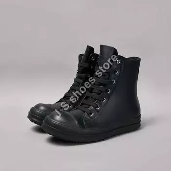 R-o Luxury Men High Top Shoe Full Black Leather Boots Women Sneaker Casual Shoes Flat Sneakers Cowhide Lace Up Ankle Boot 34