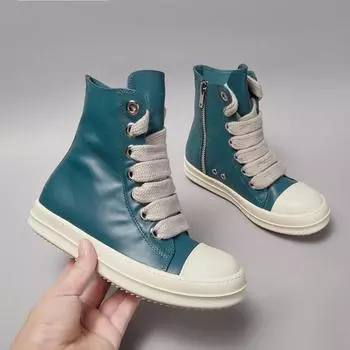 R-o Luxury Men Sneaker Cyan Leather High Top Shoe Women Boots Jumbo Laces Casual Shoes Cowhide Sneakers Ankle Boot 34