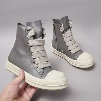 R-o Luxury Men Sneaker Grey Leather High Top Shoe Women Boots Jumbo Laces Casual Shoes Gray Cowhide Sneakers Ankle Boot 34