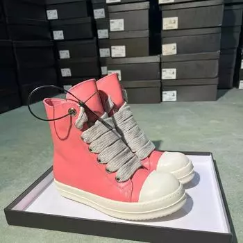 R-o Luxury Men Sneaker Peach Pink Leather High Top Shoe Women Boots Jumbo Laces Casual Shoes Cowhide Sneakers Ankle Boot 34