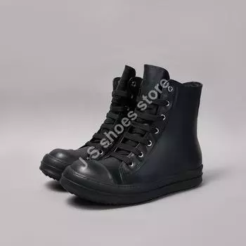 R-o Luxury Shoe Men High Top Shoes Full Black Leather Boots Women Sneaker Black Cowhide Casual Sneakers Lace Up Ankle Boot 34