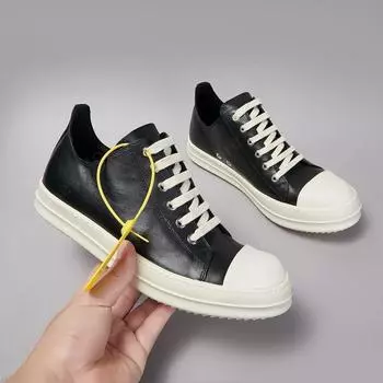 R-o Men Shoe Black Leather Low Top Casual Shoes Lace Up Women Sneaker Classic Design Thick Sole Black Cowhide Sneakers 34