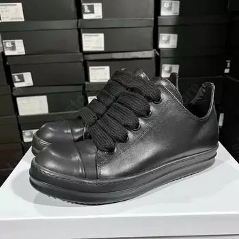 R-o Men Shoe Full Black Leather Low Top Shoes Cowhide Jumbo Laces Women Casual Sneaker Classic Design Thick Sole Sneakers Boot 34